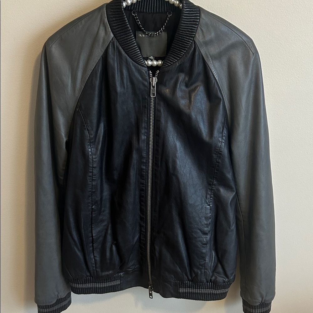 Muubaa Two-Tone Leather Bomber Jacket Black Grey Size 4